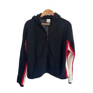 Garnet Hill Women's Black Striped Sleeve Wool Hooded Full Zip Sweater Jacket LG